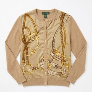 Ralph Lauren Silk Cashmere Equestrian Brown Tan Button Front Cardigan Sweater S